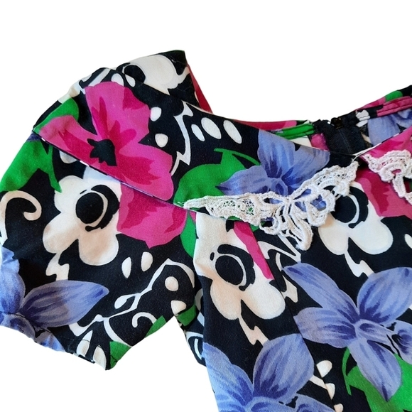 VINTAGE 90s Dress size 6X Bright Floral Cotton Full Skirt Padded Shoulders - Picture 4 of 8